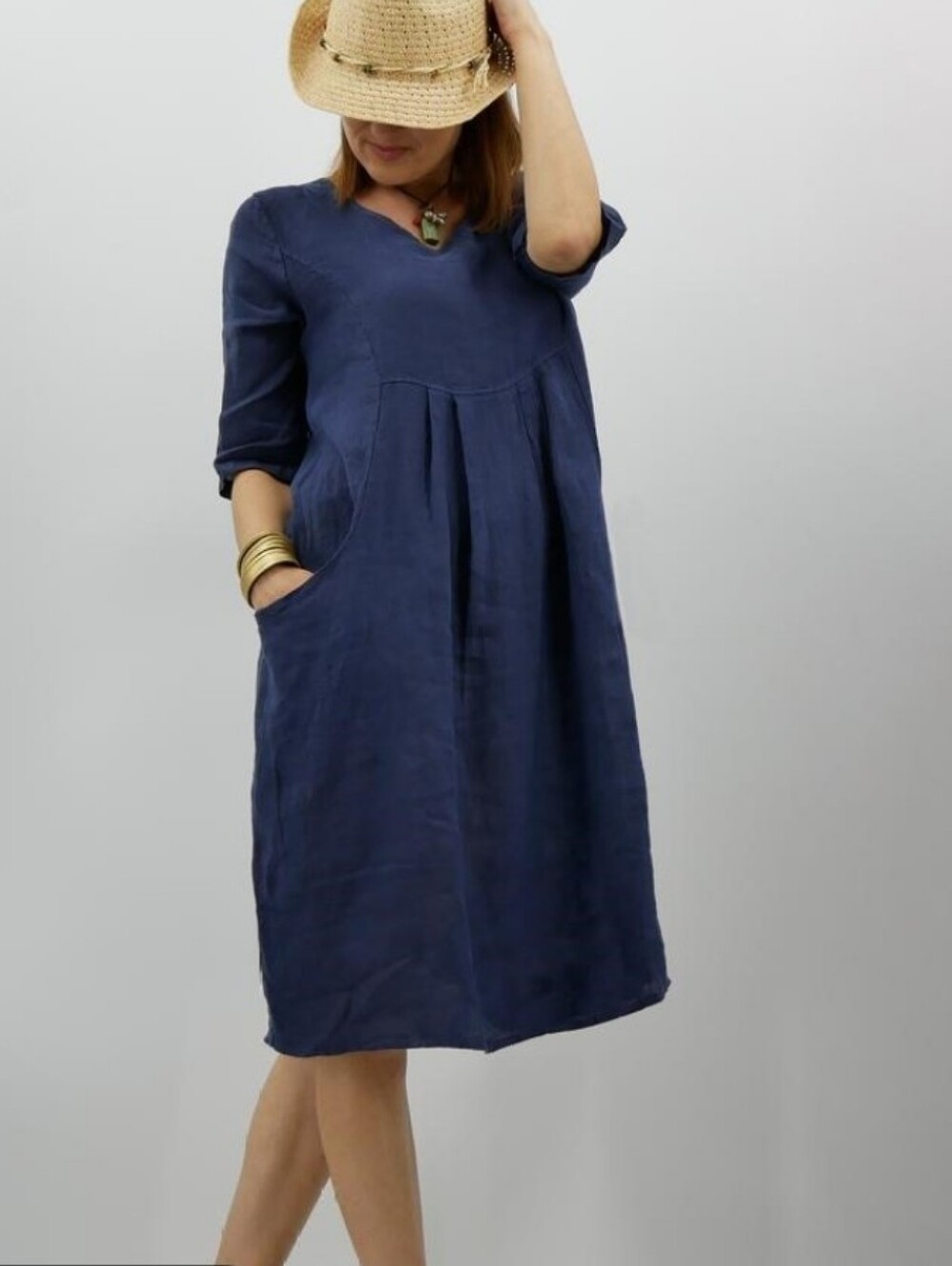 Luca Vanucci Italian Linen Dress Navy Blue Oversized Lightweight Artsy Sz Small